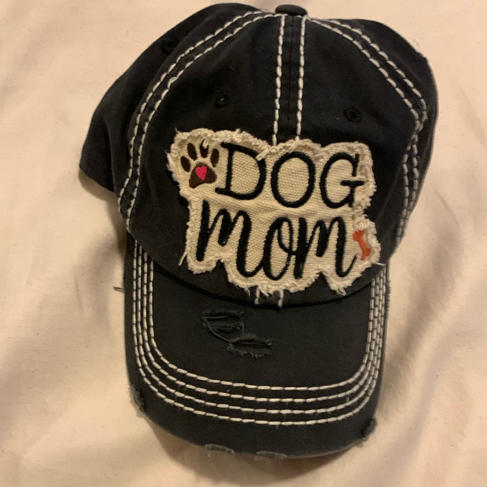 Baseball cap titled Dog Mom. Velcro snap back